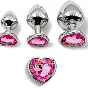 3 Pcs Pink Heart Crystal Anal Plugs Set