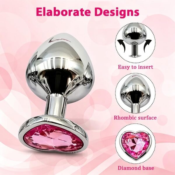 3 Pcs Pink Heart Crystal Anal Plugs Set